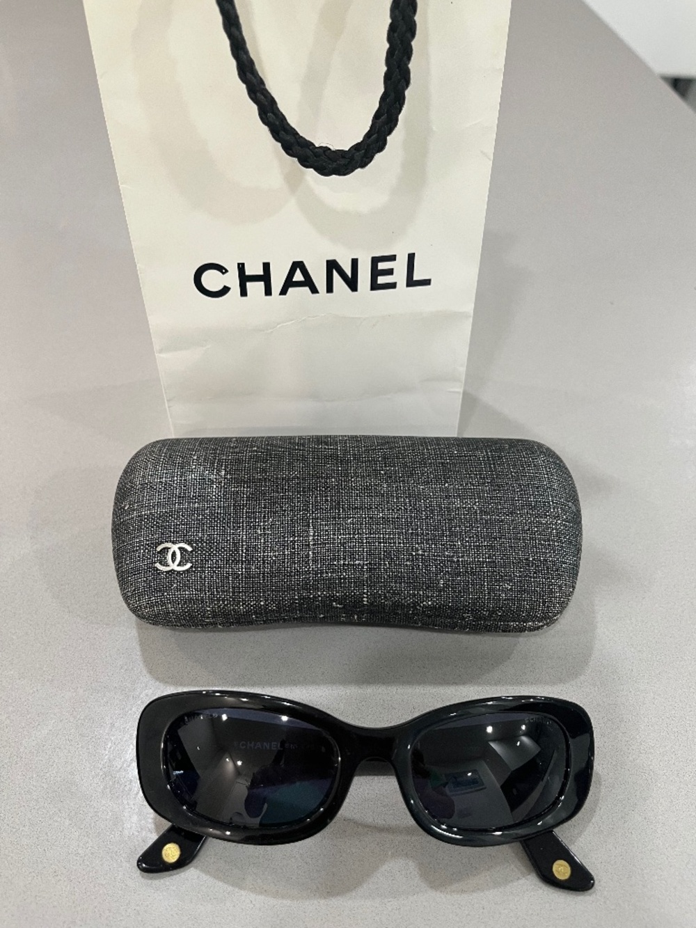 Chanel Black Sunglasses with Case and Cleaning Cloth.  Made in Italy.